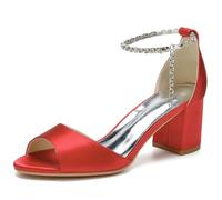 KUHAOFEU Women's 2.36 Inches Thick Heel Wedding High Heel Sandals Open Toe Crystal Ankle Strap Summer Party Dress Pump Shoes,Red,7 UK