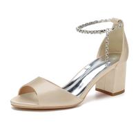 KUHAOFEU Women's 2.36 Inches Thick Heel Wedding High Heel Sandals Open Toe Crystal Ankle Strap Summer Party Dress Pump Shoes,Champagne,7 UK