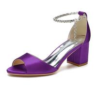 KUHAOFEU Women's 2.36 Inches Thick Heel Wedding High Heel Sandals Open Toe Crystal Ankle Strap Summer Party Dress Pump Shoes,Dark Purple,4 UK