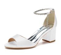 KUHAOFEU Women's 2.36 Inches Thick Heel Wedding High Heel Sandals Open Toe Crystal Ankle Strap Summer Party Dress Pump Shoes,White,4 UK