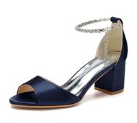 KUHAOFEU Women's 2.36 Inches Thick Heel Wedding High Heel Sandals Open Toe Crystal Ankle Strap Summer Party Dress Pump Shoes,Dark Blue,8 UK