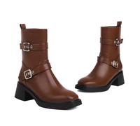 KUHAOFEU Women's Ankle Booties Low Chunky Heeled Riding Combat Boot Flat Square Toe Short Boots,Brown,9 UK