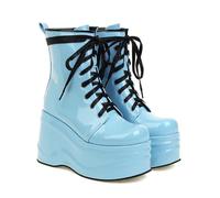 KUHAOFEU Women's Ankle Boots Lace Up Chunky Military Platform Shoes Wedge Heel Goth Mid Calf Combat Booties,Blue,7 UK