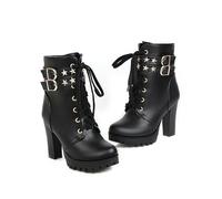 KUHAOFEU Women's Ankle High Round Toe Gothic Chunky Platform Combat Boots Lace Up Short Booties Side Zipper Biker Boots,Black,2 UK