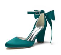 KUHAOFEU Women's Back Bowknot Heels Round Toe Block Heel Bridal Shoes Ankle Strap Chunky High Heel Work Dress Prom Wedding Pumps,Teal,6 UK