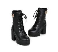 KUHAOFEU Women's Belt Buckle Combat Boots with Side Zipper Lace Up Chunky Heel Platform Lug Sole Boots,Black,10 UK