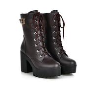 KUHAOFEU Women's Belt Buckle Combat Boots with Side Zipper Lace Up Chunky Heel Platform Lug Sole Boots,Brown,1 UK