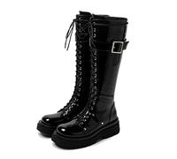 KUHAOFEU Women's Biker Platform Knee High Boots Lace Up Fall Lug Sole Gothic Motorcycle Boots with Zipper Black Patent Leather Combat Boots,Black,10 UK