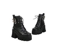 KUHAOFEU Women's Black Lace Up Chunky Heel Combat Boots Non-slip Lug Sole Ankle Boots with Buckle Strap Platform Goth Booties,Black,10 UK