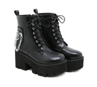 KUHAOFEU Women's Black Lace up Goth Platform Boots Chunky Block Ankle Gothic Combat Boots Cosplay Fashion Punk Boots,Black,4 UK