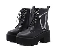 KUHAOFEU Women's Black Lace Up Goth Platform Boots, Chunky Block Ankle High Combat Boots, Cosplay Fashion Punk Boots,Black,5 UK