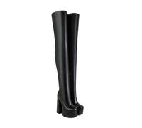 KUHAOFEU Women's Block Heel Over The Knee Boots Stretch Leather Platform Thigh Booties Round Toe Long Shaft Boots,Black,8 UK