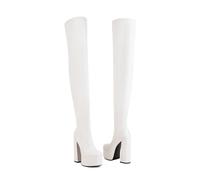 KUHAOFEU Women's Block Heel Over The Knee Boots Stretch Leather Platform Thigh Booties Round Toe Long Shaft Boots,White,1 UK