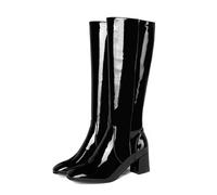 KUHAOFEU Women's Block Heel Zip Up Boot, Patent Leather Square Toe Knee High Boots for Cosplay, Disco, Evening Party,Black,1 UK