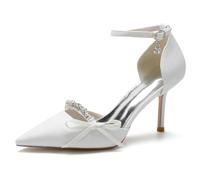 KUHAOFEU Women's Bridal Formal Pumps Closed Toe Stiletto Heels Strappy Wedding Office Homecoming Work Prom Dress Shoes,White,3 UK