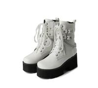 KUHAOFEU Women's Chain Platform Boots Lace Up Zipper Chunky Heel Combat Ankle Booties Punk Motorcycle Boots,White,12 UK