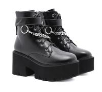 KUHAOFEU Womens Chunky Heel Chain Ankle Boots Platform Goth Boots Waterproof Lace-up Punk Combat Boots,Black,6 UK