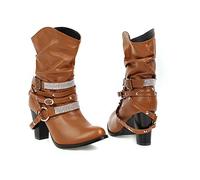 KUHAOFEU Women's Chunky Heel Faux Leather Metal Buckle Winter Boots Western Cowgirl Ankle Boots,Brown,5 UK