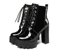 KUHAOFEU Women's Chunky Lace Up Booties Platform High Heel Ankle Boots Fashion Autumn Winter Shoes,Black,8 UK