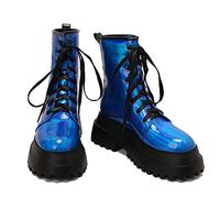 KUHAOFEU Womens Chunky Platform Ankle Boots Fashion Punk Rock Boots Lace Up Round Toe Combat Mid Calf Boots,Blue,3 UK