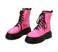 KUHAOFEU Womens Chunky Platform Ankle Boots Fashion Punk Rock Boots Lace Up Round Toe Combat Mid Calf Boots,Pink,3 UK