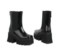 KUHAOFEU Women's Chunky Platform Chelsea Boots Lug Sole Mid Calf Elastic Booties Slip on Ankle High Block Heel Knight Boots,Black,2 UK