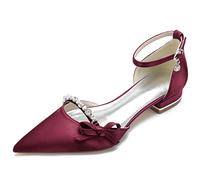 KUHAOFEU Women's Closed Pointed Toe D'Orsay Flats Shoes with Ankle Straps Bridal Party Guest Dress Shoes Wedding Party Shoes with Rhinestone,Burgundy,8 UK