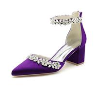 KUHAOFEU Womens Closed Pointed Toe Wedding Shoes for Bride Block Heel Satin Rhinestones Bridal Shoes Prom Party Dress Pumps,Dark Purple,6 UK