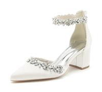 KUHAOFEU Womens Closed Pointed Toe Wedding Shoes for Bride Block Heel Satin Rhinestones Bridal Shoes Prom Party Dress Pumps,Ivory,2 UK