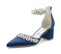 KUHAOFEU Womens Closed Pointed Toe Wedding Shoes for Bride Block Heel Satin Rhinestones Bridal Shoes Prom Party Dress Pumps,Navy,6 UK