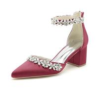 KUHAOFEU Womens Closed Pointed Toe Wedding Shoes for Bride Block Heel Satin Rhinestones Bridal Shoes Prom Party Dress Pumps,Burgundy,8 UK