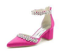 KUHAOFEU Womens Closed Pointed Toe Wedding Shoes for Bride Block Heel Satin Rhinestones Bridal Shoes Prom Party Dress Pumps,Fuchsia,5 UK