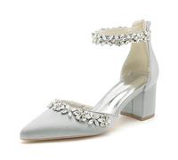 KUHAOFEU Womens Closed Pointed Toe Wedding Shoes for Bride Block Heel Satin Rhinestones Bridal Shoes Prom Party Dress Pumps,Silver,4 UK