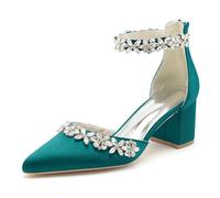 KUHAOFEU Womens Closed Pointed Toe Wedding Shoes for Bride Block Heel Satin Rhinestones Bridal Shoes Prom Party Dress Pumps,Teal,6 UK