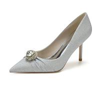 KUHAOFEU Women's Closed Toe Pointed Stiletto High Heel Sparkly Prom Shoes with Glitter Rhinestone, Wedding Heels Bride Shoes,Silver,6 UK