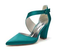 KUHAOFEU Women's Closed Toe Wedding Party Dress Shoes with Ankle Straps Chunky Block Heel Business Office Work Heels,Teal,4 UK