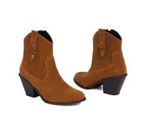 KUHAOFEU Women's Cowboy Ankle Boots Cowgirl Mid Calf Boots Low Chunky Block Heel Pointed Toe Fall Western Booties,Brown,9 UK