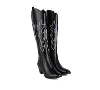 KUHAOFEU Women's Cowboy Mid Calf Boots Cowgirl Western Embroidered Chunky Low Heel Boots with Zipper,Black,5 UK