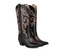 KUHAOFEU Women's Cowgirl Boots Pull On Low Chunky Heel Mid Calf Western Boots with Embroidered Stitched for Theme Party Country Concert,Black,2 UK
