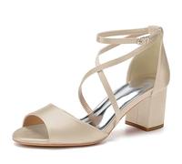 KUHAOFEU Women's Crisscross Strap Chunky Block Heels Open Toe Heeled Sandals Satin Wedding Bridal Shoes Evening Party Dress Shoes,Champagne,9 UK