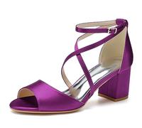 KUHAOFEU Women's Crisscross Strap Chunky Block Heels Open Toe Heeled Sandals Satin Wedding Bridal Shoes Evening Party Dress Shoes,Purple,5 UK