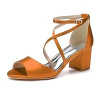 KUHAOFEU Women's Crisscross Strap Chunky Block Heels Open Toe Heeled Sandals Satin Wedding Bridal Shoes Evening Party Dress Shoes,Orange,3 UK