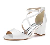 KUHAOFEU Women's Crisscross Strap Chunky Block Heels Open Toe Heeled Sandals Satin Wedding Bridal Shoes Evening Party Dress Shoes,White,2 UK