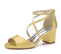 KUHAOFEU Women's Crisscross Strap Chunky Block Heels Open Toe Heeled Sandals Satin Wedding Bridal Shoes Evening Party Dress Shoes,Gold,7 UK