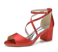 KUHAOFEU Women's Crisscross Strap Chunky Block Heels Open Toe Heeled Sandals Satin Wedding Bridal Shoes Evening Party Dress Shoes,Red,8 UK