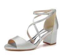 KUHAOFEU Women's Crisscross Strap Chunky Block Heels Open Toe Heeled Sandals Satin Wedding Bridal Shoes Evening Party Dress Shoes,Silver,4 UK