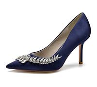KUHAOFEU Women's Crystal Heels Closed Pointed Toe Pumps 3.3" Stiletto High Heels Slip on Wedding Dress Shoes,Navy,6 UK