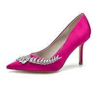 KUHAOFEU Women's Crystal Heels Closed Pointed Toe Pumps 3.3" Stiletto High Heels Slip on Wedding Dress Shoes,Fuchsia,7 UK