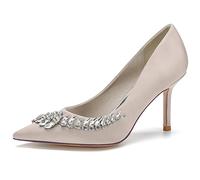 KUHAOFEU Women's Crystal Heels Closed Pointed Toe Pumps 3.3" Stiletto High Heels Slip on Wedding Dress Shoes,Champagne,5 UK