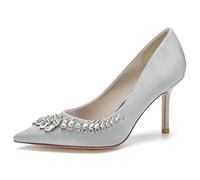 KUHAOFEU Women's Crystal Heels Closed Pointed Toe Pumps 3.3" Stiletto High Heels Slip on Wedding Dress Shoes,Silver,4 UK